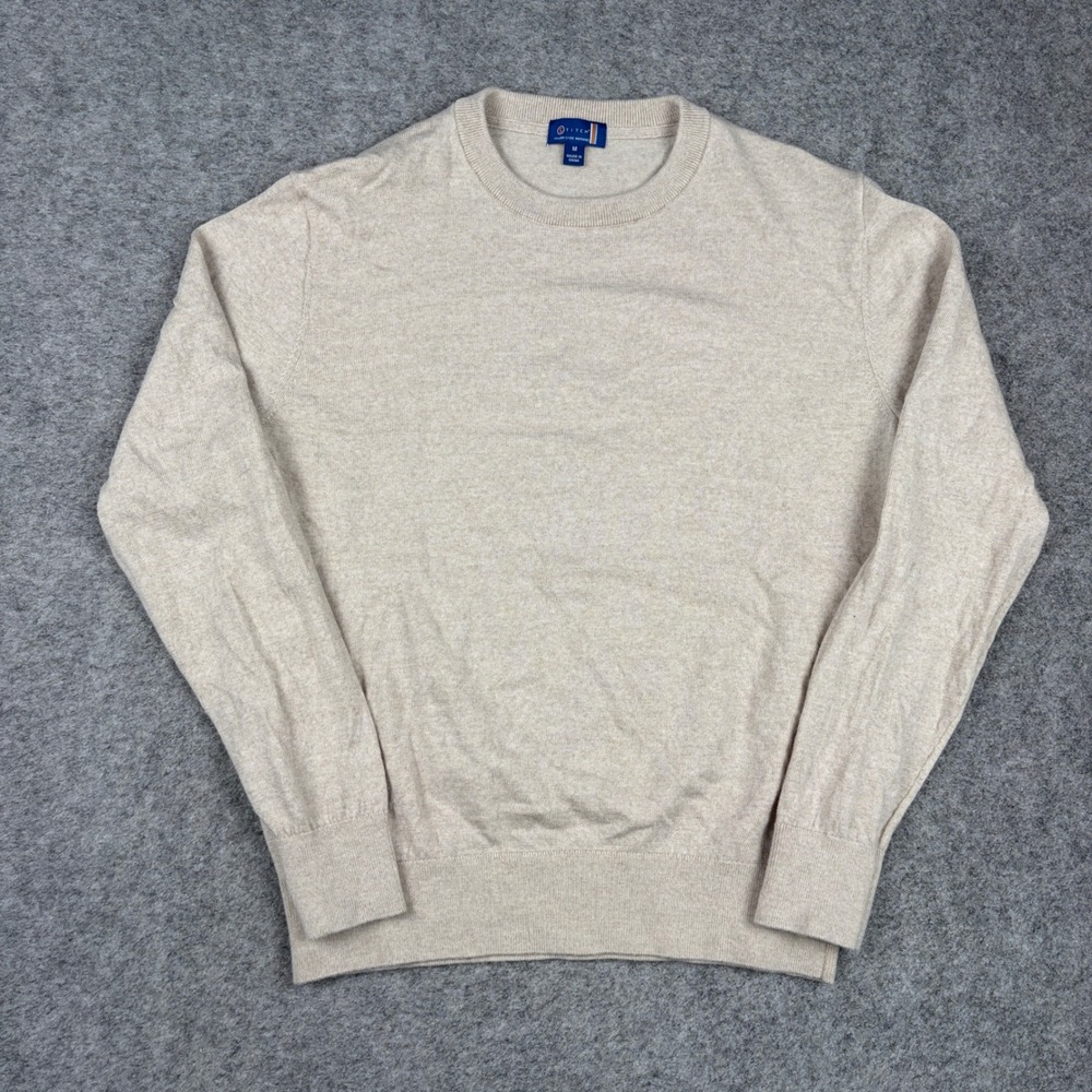Stitch Golf Sweater Mens Medium Italian Luxe Merino Wool Tan Crewneck Luxury